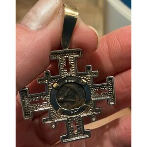 Jerusalem Cross Pendant 925 Sterling Silver 18K Gold Ancient Coin Necklace